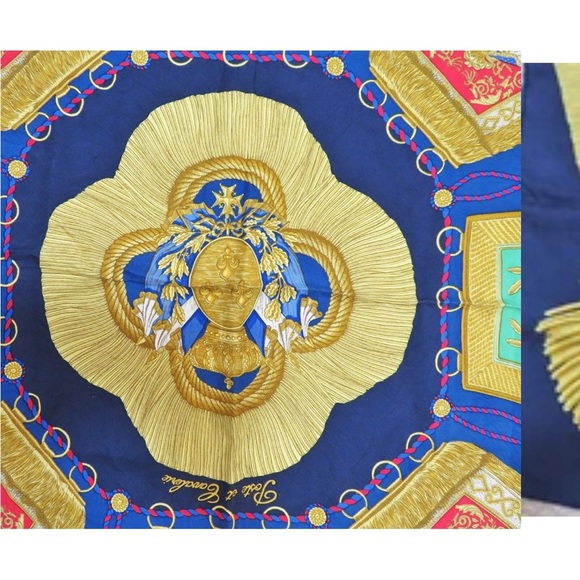 Hermes Gold and Blue Silk Scarf - Picture 5 of 15